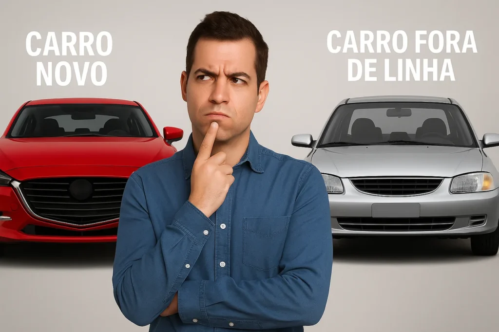 Carro fora de linha: oportunidade ou cilada? 5 Homem pensativo em pé entre dois carros: um carro novo vermelho à esquerda com o texto 'Carro Novo' e um carro antigo prateado à direita com o texto 'Carro Fora de Linha'.