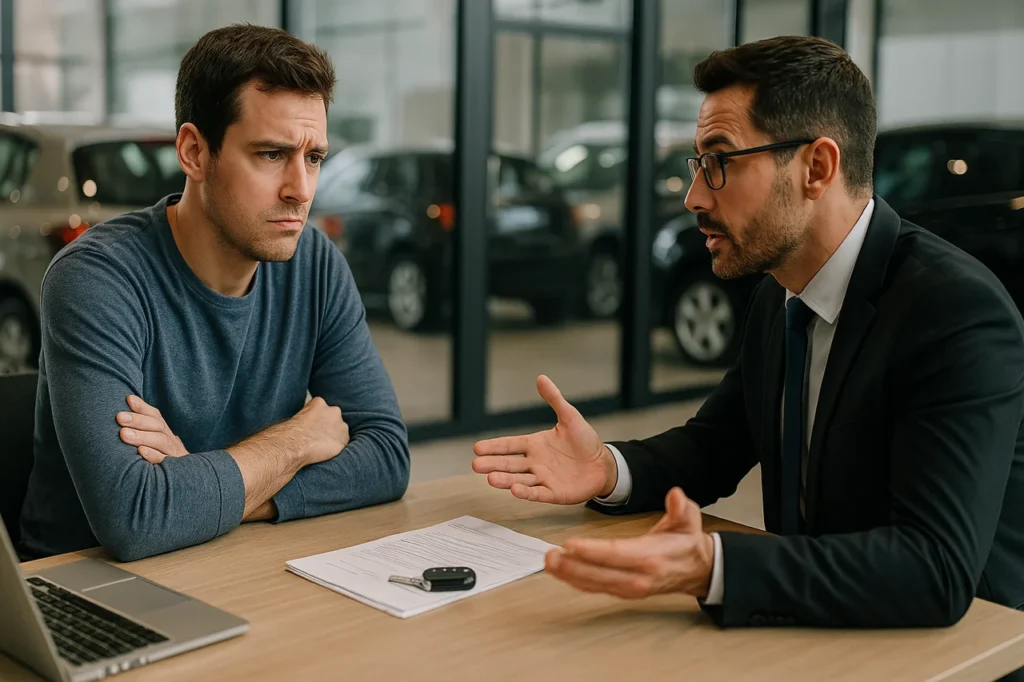 Homem em seus 30 anos, com expressão desconfiada, negocia a venda de um carro usado com um vendedor confiante em uma concessionária moderna. Ambos estão sentados frente a frente em uma mesa com documentos, chaves e notebook, com carros visíveis ao fundo através de paredes de vidro. Cena transmite tensão e cautela no processo de negociação - revendedoras de carros usados