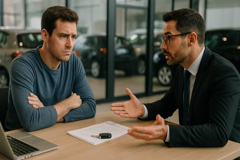 Manual do Vendedor 7 Homem em seus 30 anos, com expressão desconfiada, negocia a venda de um carro usado com um vendedor confiante em uma concessionária moderna. Ambos estão sentados frente a frente em uma mesa com documentos, chaves e notebook, com carros visíveis ao fundo através de paredes de vidro. Cena transmite tensão e cautela no processo de negociação - revendedoras de carros usados