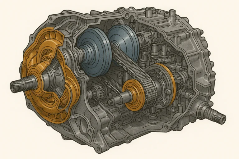 Ilustração técnica detalhada e colorida de um câmbio CVT automotivo em corte transversal, mostrando os principais componentes internos como as polias cônicas azul e amarela, correia metálica, conversor de torque e atuadores hidráulicos, com destaque para a complexidade mecânica do sistema.
