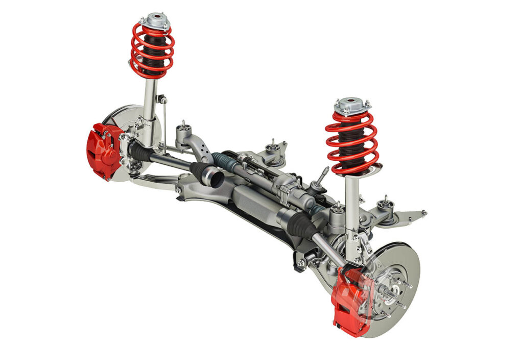 Suspensão multi link SUV dianteira, com freios. Renderização 3D.