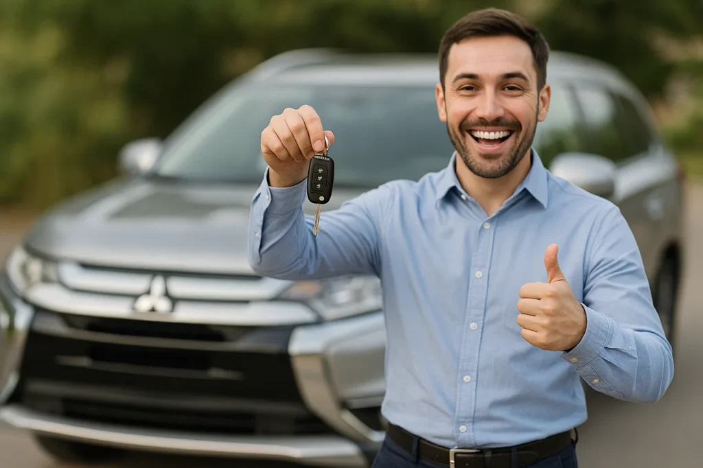 Como comprar o carro certo: guia atualizado para uma compra segura 6 Homem sorridente segurando a chave do carro novo em frente a um veículo, simbolizando a satisfação após comprar o carro certo.