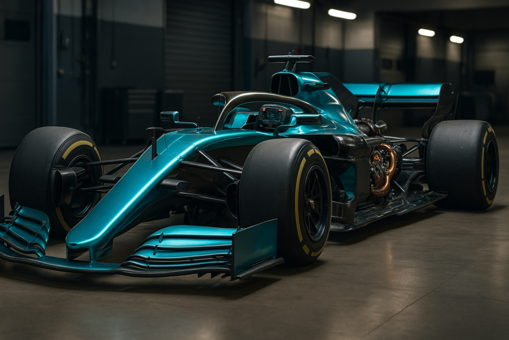 Quanto custa um carro de Fórmula 1? Veja preços atuais e o cenário para 2026 1 Quanta custa um carro de Fórmula 1 - Carro moderno de Fórmula 1 com pintura metálica azul-turquesa em um box de paddock iluminado, exibindo detalhes tecnológicos como motor híbrido exposto, chassi de fibra de carbono e volante multifuncional, capturado em ângulo de três quartos com estilo fotográfico profissional.