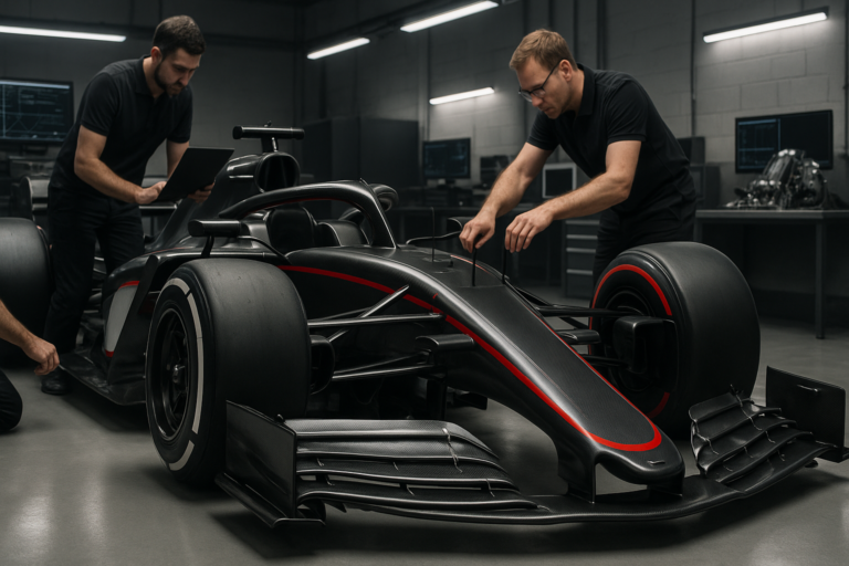 Fórmula 1 1 quanto custa um carro de Fórmula 1 - Carro moderno de Fórmula 1 com pintura preta e detalhes em vermelho sendo preparado por engenheiros em um box de alta tecnologia, com computadores e peças de motor ao fundo, em ambiente bem iluminado que destaca a aerodinâmica e os materiais avançados como fibra de carbono.