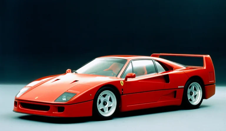 Ferrari F40 vermelha vista em um estúdio, com destaque para o design aerodinâmico, faróis embutidos, rodas esportivas e o icônico aerofólio traseiro.