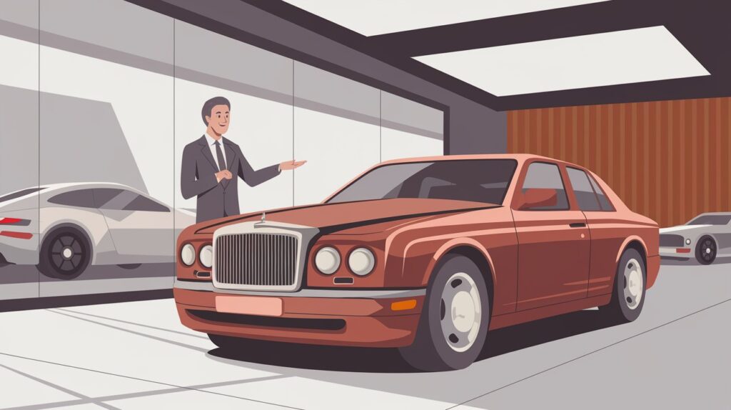 uma ilustração de um homem ao lado de um carro de luxo em uma loja de carros - vender carros de luxo