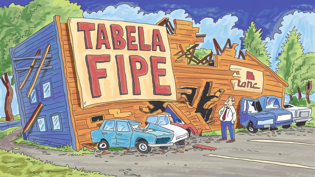 Uma imagem engraçada de uma concessionária de carros falida caindo aos pedaços. O prédio tem uma grande placa que diz "Tabela Fipe". O prédio é feito de madeira e está em desordem, com partes dele desabando. Há carros estacionados do lado de fora, alguns dos quais estão danificados. Um homem está parado perto do prédio, parecendo preocupado. O fundo contém árvores e uma estrada.