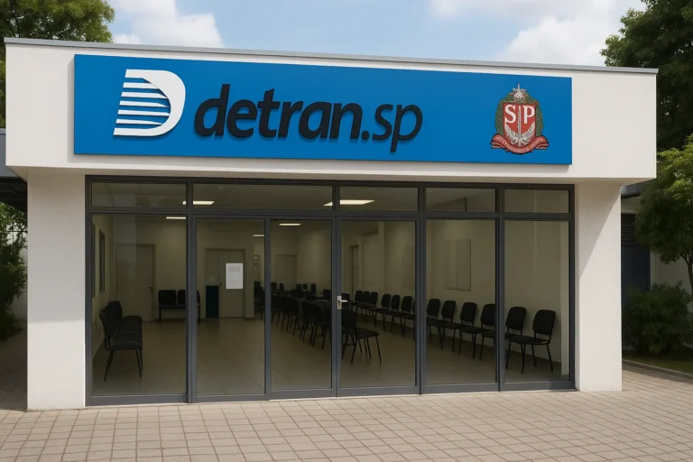 Fachada de uma unidade do Detran.SP com cadeiras enfileiradas no interior visível através de portas de vidro.