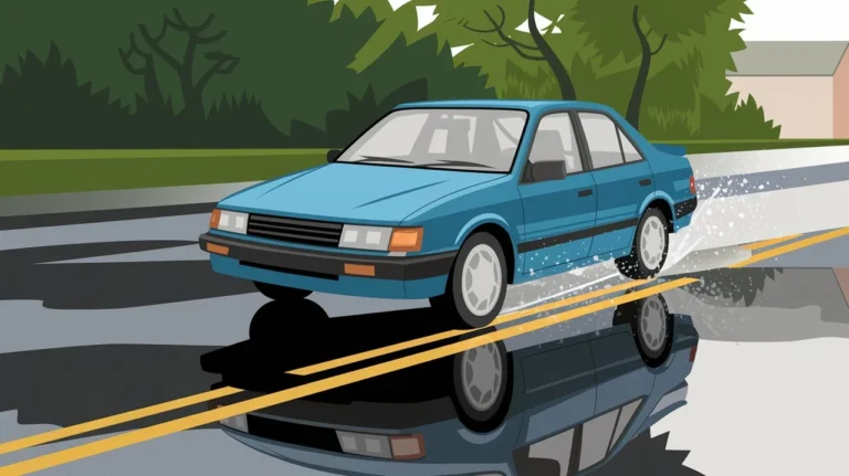 ilustração de um carro azul em pista molhada em situação de aquaplanagem