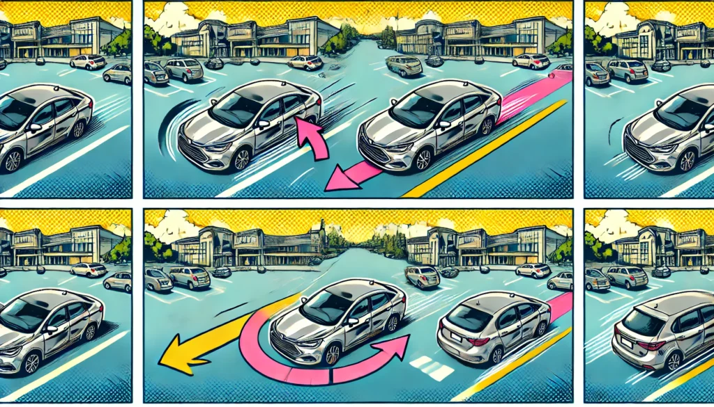 Como estacionar o carro sem erro: veja dicas infalíveis 6 Ilustração em estilo quadrinhos de um carro prata entrando em uma vaga de estacionamento perpendicular em um estacionamento de supermercado, com outros veículos, linhas demarcadas e elementos urbanos ao fundo.