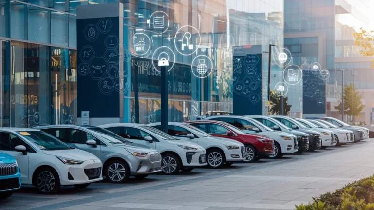 Fila de carros variados estacionados em frente a uma concessionária urbana, ilustrando a variedade disponível no mercado de carros usados