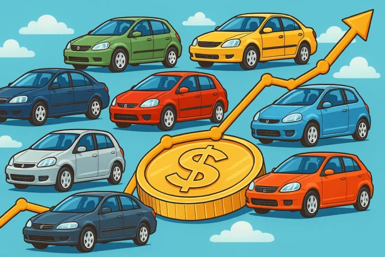 Ilustração digital em estilo anos 2000 mostrando dez carros coloridos dispostos sobre uma grande moeda dourada com símbolo de dólar, ao fundo um gráfico ascendente, representando os carros com menor custo por km rodado de forma visualmente atrativa e divertida.