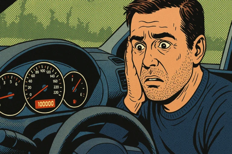 Manual do Comprador 2 Ilustração de um homem preocupado ao volante de um carro, olhando para o painel que marca 100.000 km, representando a tensão associada a carros com mais de 100 mil km.