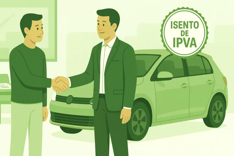 Ilustração digital em tons de verde mostrando um comprador e um vendedor apertando as mãos ao lado de um carro urbano em uma agência de veículos, com selo 'Isento de IPVA' destacado sobre o carro e documentos visíveis sobre uma mesa ao fundo.