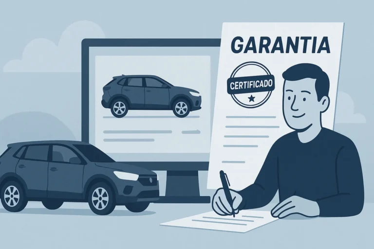 Ilustração mostrando comprador assinando contrato de garantia para SUV, representando o conceito de seminovos com garantia estendida