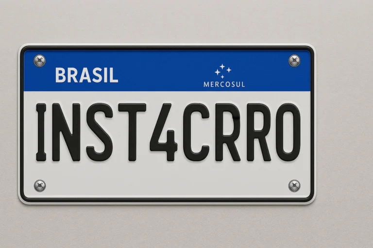 Placa de veículo brasileira no padrão Mercosul, com fundo branco, faixa azul superior com a palavra 'BRASIL' à esquerda e o símbolo do Mercosul à direita. A combinação de caracteres na placa é 'INST4CRRO