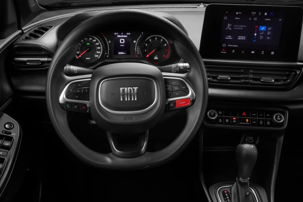 Fiat Pulse 2026: SUV compacto ganha design renovado com preços a partir de R$ 98.990 31 Detalhe do volante e painel digital do Fiat Pulse Drive CVT 2026, com destaque para os comandos e a central.