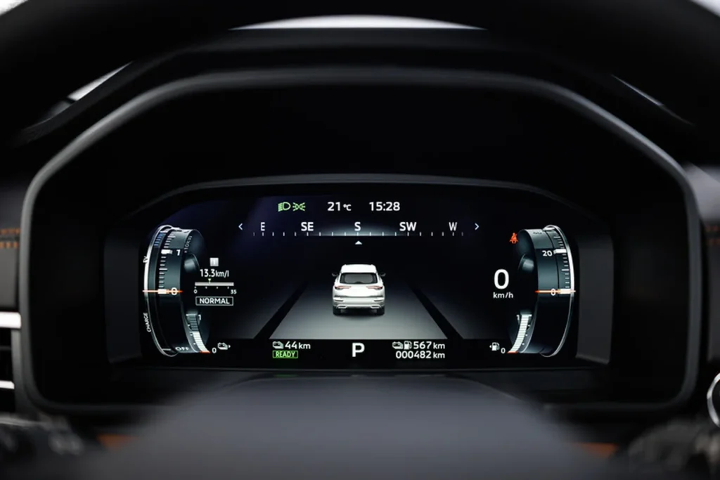 Novo Mitsubishi Outlander 2025 chega ao Brasil com motor híbrido plug-in e até 844 km de autonomia 4 Painel digital do Mitsubishi Outlander PHEV 2025 exibindo velocímetro, indicadores de direção e sistema de assistência ao condutor.