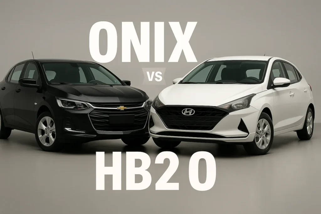 Comparativo: Onix ou HB20? Qual tem melhor revenda? 5 Comparação entre dois carros hatch: Chevrolet Onix preto à esquerda e Hyundai HB20 branco à direita, posicionados frente a frente em um estúdio com fundo neutro. Texto 'ONIX vs HB20' em destaque ao centro da imagem