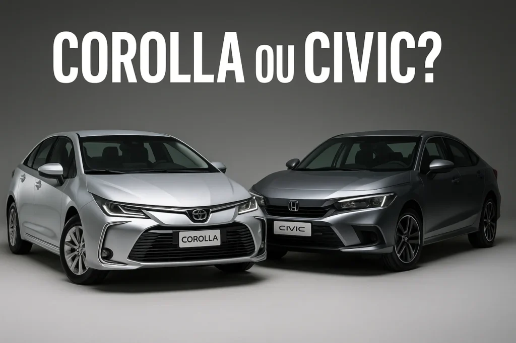 Comparativo: Toyota Corolla ou Honda Civic: qual tem melhor revenda? 4 Dois carros sedãs lado a lado em um estúdio com fundo cinza: à esquerda, um Toyota Corolla prata; à direita, um Honda Civic cinza escuro. Acima dos veículos, a pergunta 'COROLLA ou CIVIC?' em letras grandes brancas.