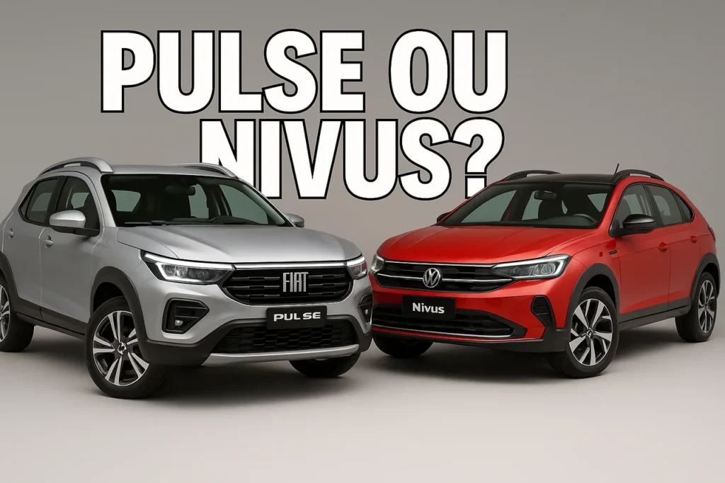 Comparativo: Pulse ou Nivus? Veja qual é o melhor de revenda 6 Comparativo entre os SUVs Fiat Pulse e Volkswagen Nivus lado a lado, com a pergunta 'Pulse ou Nivus?' destacada ao fundo