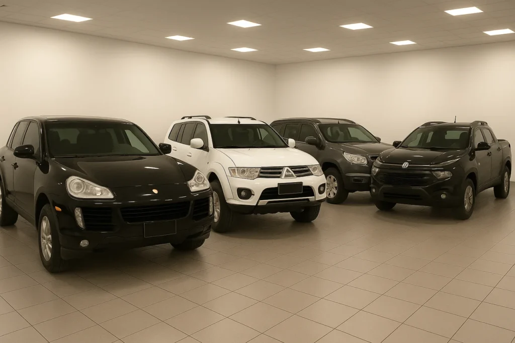 Melhores carros blindados até R$ 100 mil: veja opções viáveis e seguras 2 Quatro carros blindados até 100 mil reais estacionados em showroom bem iluminado, incluindo modelos SUV e picapes em cores preto, branco e cinza.