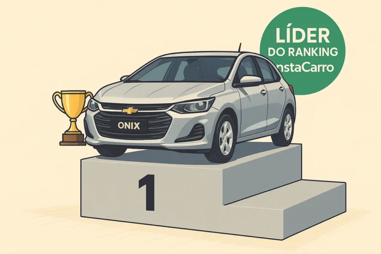 Ilustração do Chevrolet Onix em um pódio de primeiro lugar com um troféu ao lado e o selo 'Líder do ranking InstaCarro', representando que o Onix é o carro mais vendido de maio segundo o ranking InstaCarro.
