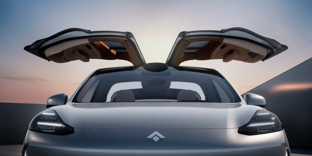 GAC estreia no Festival de Interlagos com linha elétrica completa e preços a partir de R$ 169.990 1 GAC HYPTEC HT de frente com portas tipo asa abertas ao pôr do sol